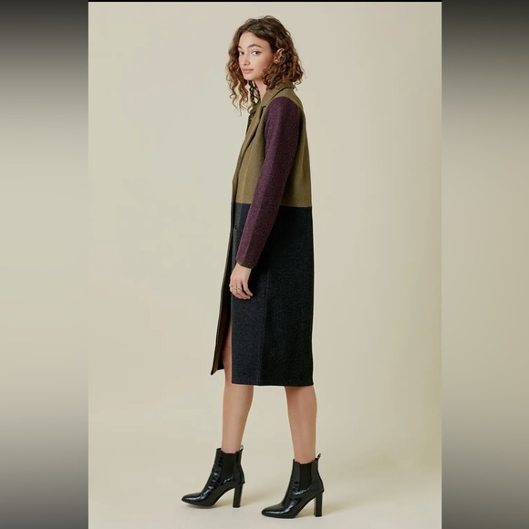 437. NEW Mystree Color Block Long Trench Coat Charcoal Olive Burgundy - Picture 6 of 7